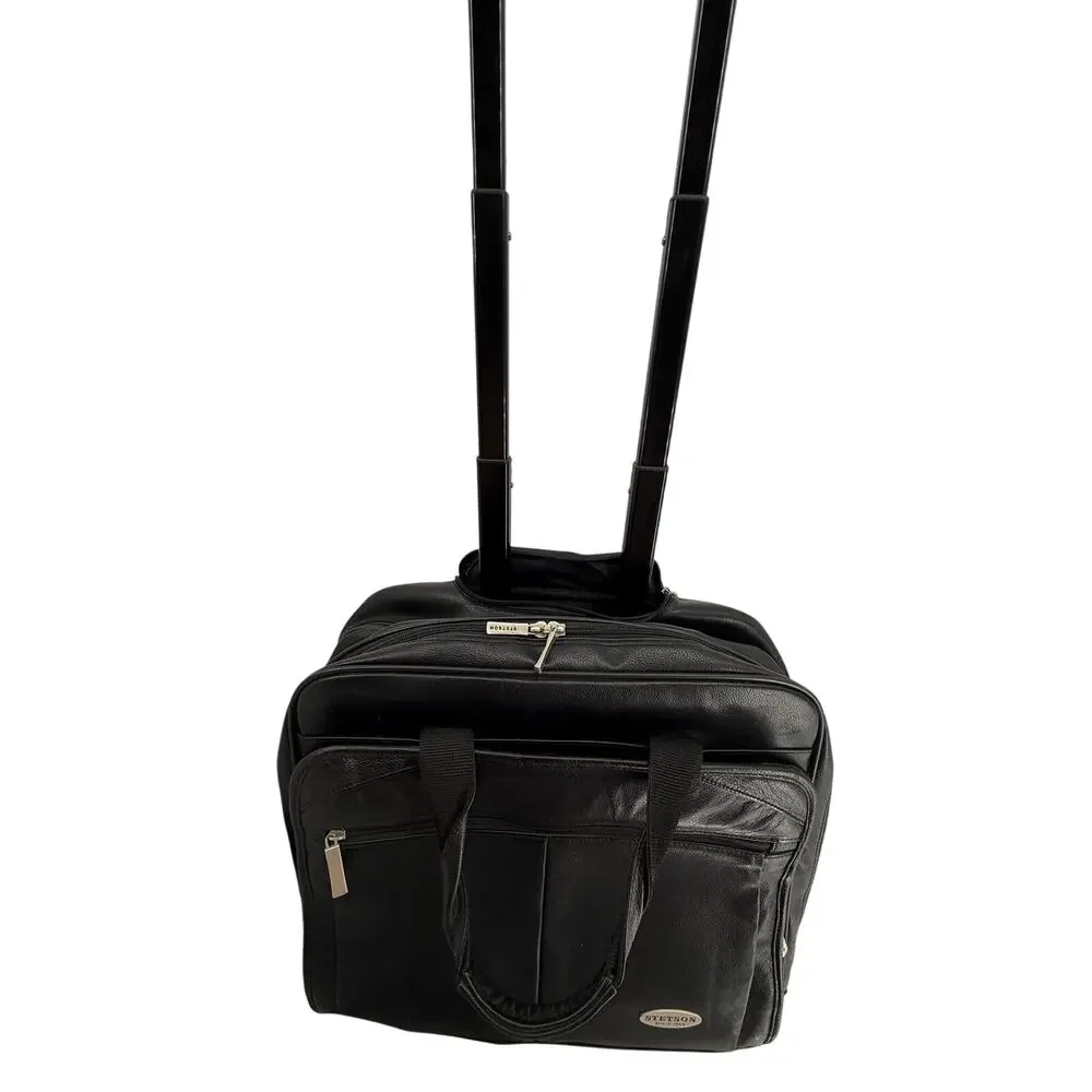 Stetson Black Rolling Leather Laptop Briefcase Carry On Travel Bag Style 85032